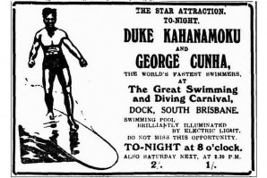Um anúncio retirado de um jornal australiano sobre a digressão de Duke Kahanamoku e George Cunha.