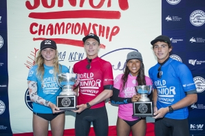 Caption: Champions Macy Callaghan and Ethan Ewing with runner-up Mahina Maeda and Griffin Colapinto. Pic: WSL/Cestari 