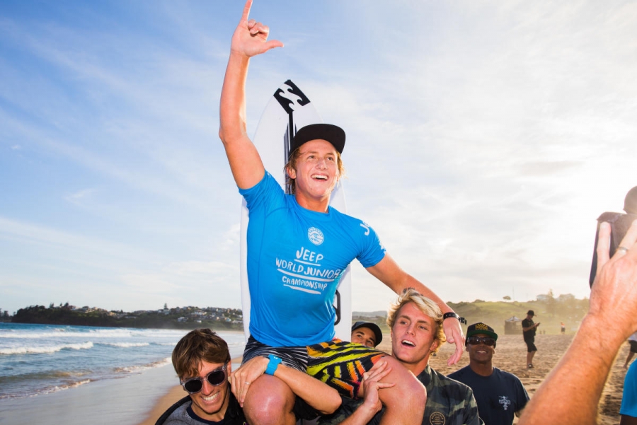 Finn McGill of Hawaii is chaired up the beach after winning the 2018 World Junior Championship when he defeated Joh Azuchi of Japan in the final at Kiama, NSW, Australia.