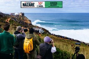 Na imagem: Um Green Alert foi emitido para o TUDOR Nazaré Big Wave Challenge, indicando a possibilidade de realização do evento na terça-feira, 18 de fevereiro de 2025. 