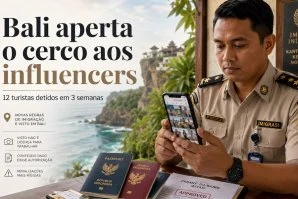 Felucia Sengky Ratna, responsável regional da Direção-Geral de Imigração em Bali, apresenta passaportes apreendidos a cidadãos estrangeiros durante a conferência de imprensa da operação “Dharma Dewata”, em Denpasar, Bali, no dia 5 de maio de 2026. Crédito: ANTARA/Dewa Ketut Sudiarta Wiguna/nbl.
