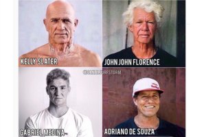 COMO ESTARÃO KELLY SLATER, MEDINA, FLORENCE E ADRIANO DE SOUSA DAQUI A 40 ANOS?