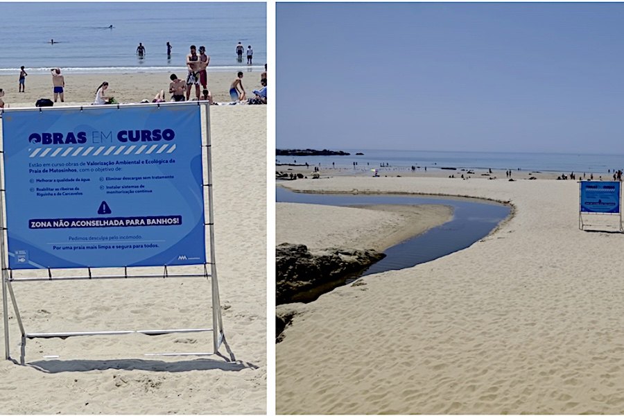 Painel de sinalização recentemente instalado para desaconselhamento de banhos na zona da Riguinha/Carcavelos, em Matosinhos